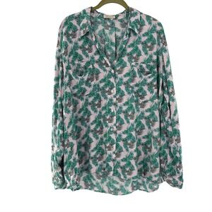 Just Living Blouse Tropical Leaf Print Button Up Long Sleeve Lightweight Resort